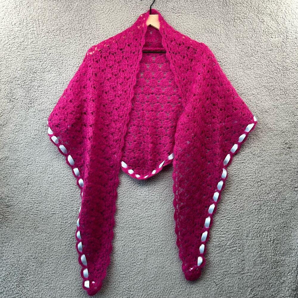 DEA KUDIBAL Wrap Shawl Hot Pink Barbie Ribbon Rosettes Cottage Hygge Grannycore